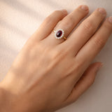 Cabochon Ruby & Diamond Halo Ring set in 18ct Yellow Gold
