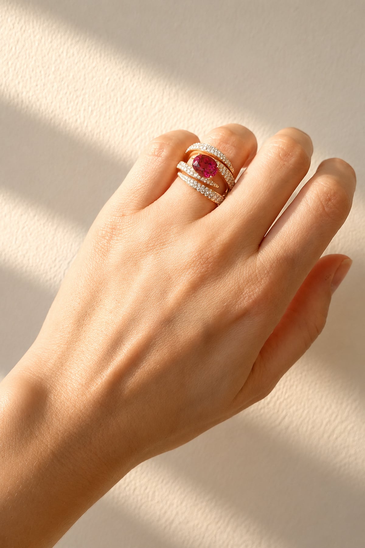 Hand wearing a ring with a red gemstone and diamond accents on a neutral background