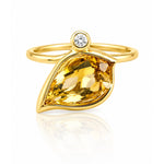 Citrine & Diamond Leaf Motif Ring in Yellow Gold on a white background