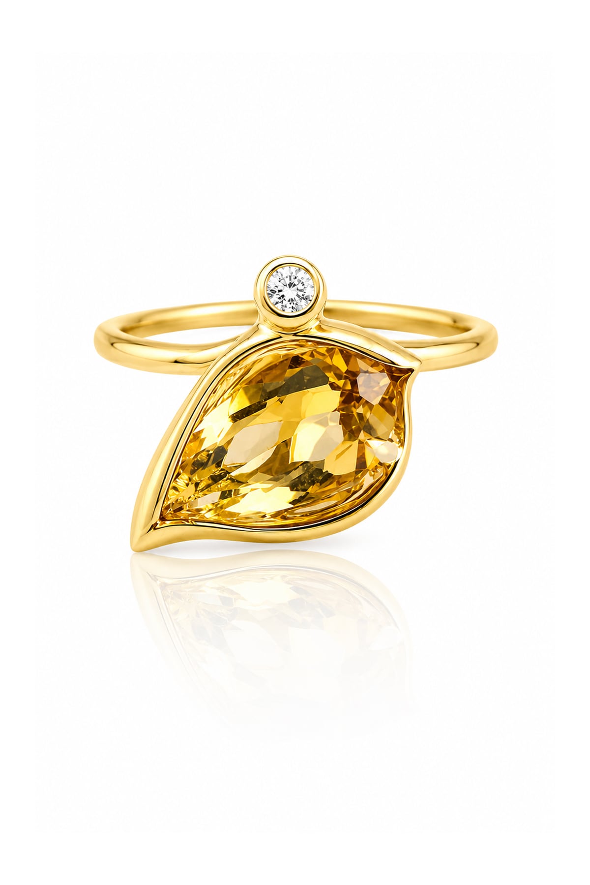 Citrine & Diamond Leaf Motif Ring in Yellow Gold on a white background