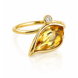 Citrine & Diamond Leaf Motif Ring in Yellow Gold on a white background