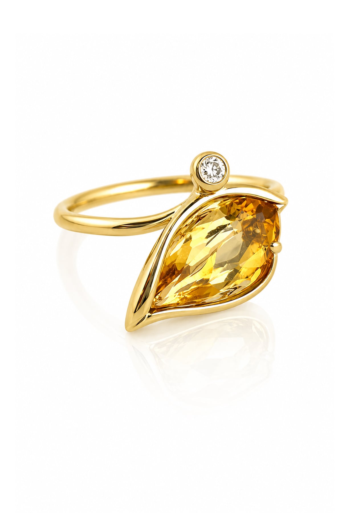 Citrine & Diamond Leaf Motif Ring in Yellow Gold on a white background