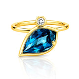 London Blue Topaz & Diamond Leaf Motif Ring in Yellow Gold