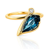 London Blue Topaz & Diamond Leaf Motif Ring in Yellow Gold