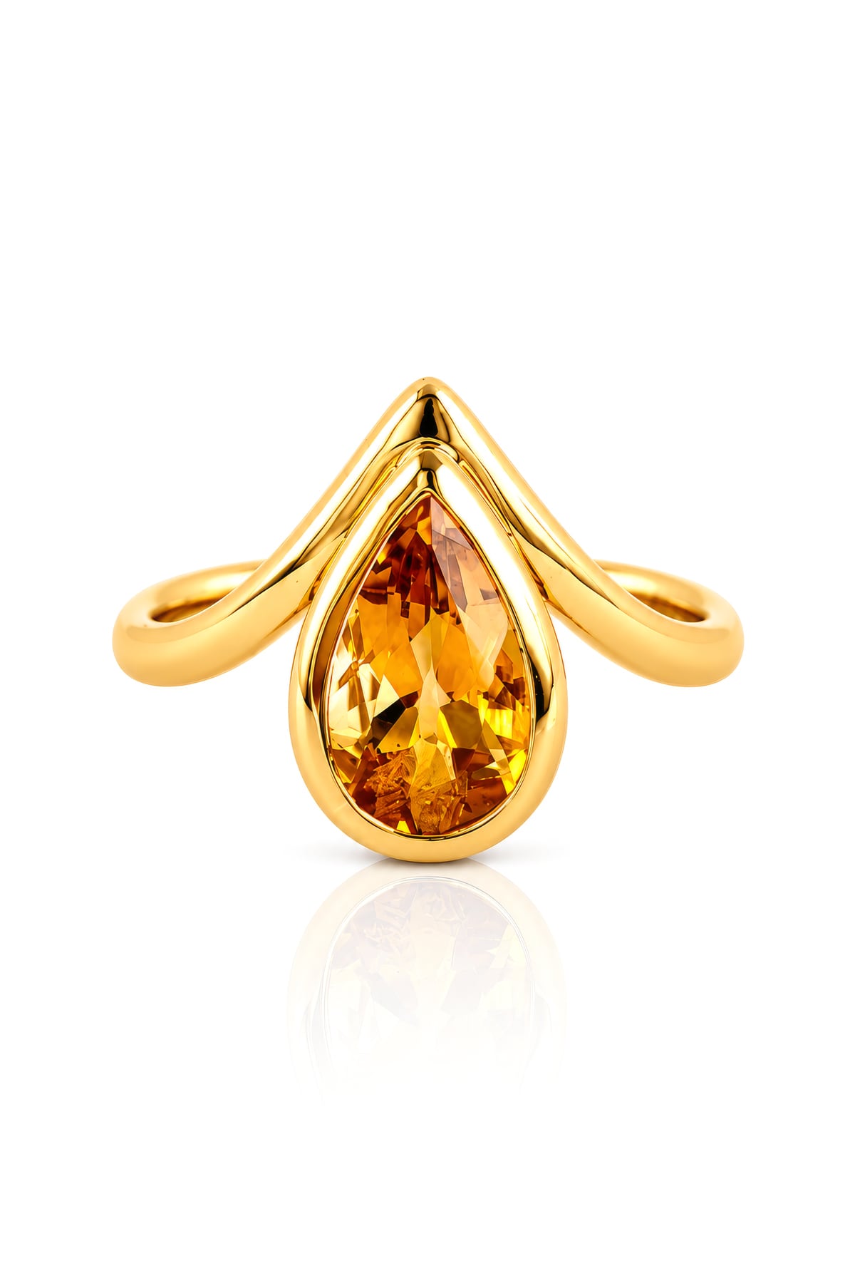 Pear Cut Bezel Set Citrine Ring in Yellow Gold on a white background