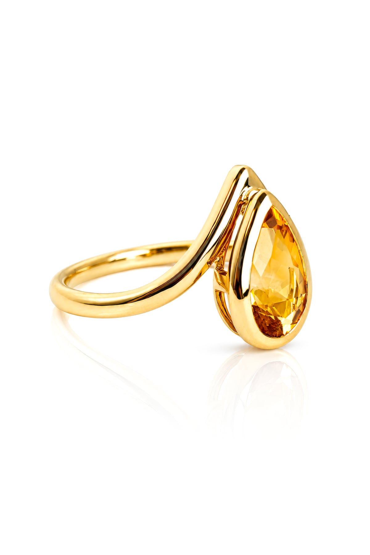 Pear Cut Bezel Set Citrine Ring in Yellow Gold on a white background