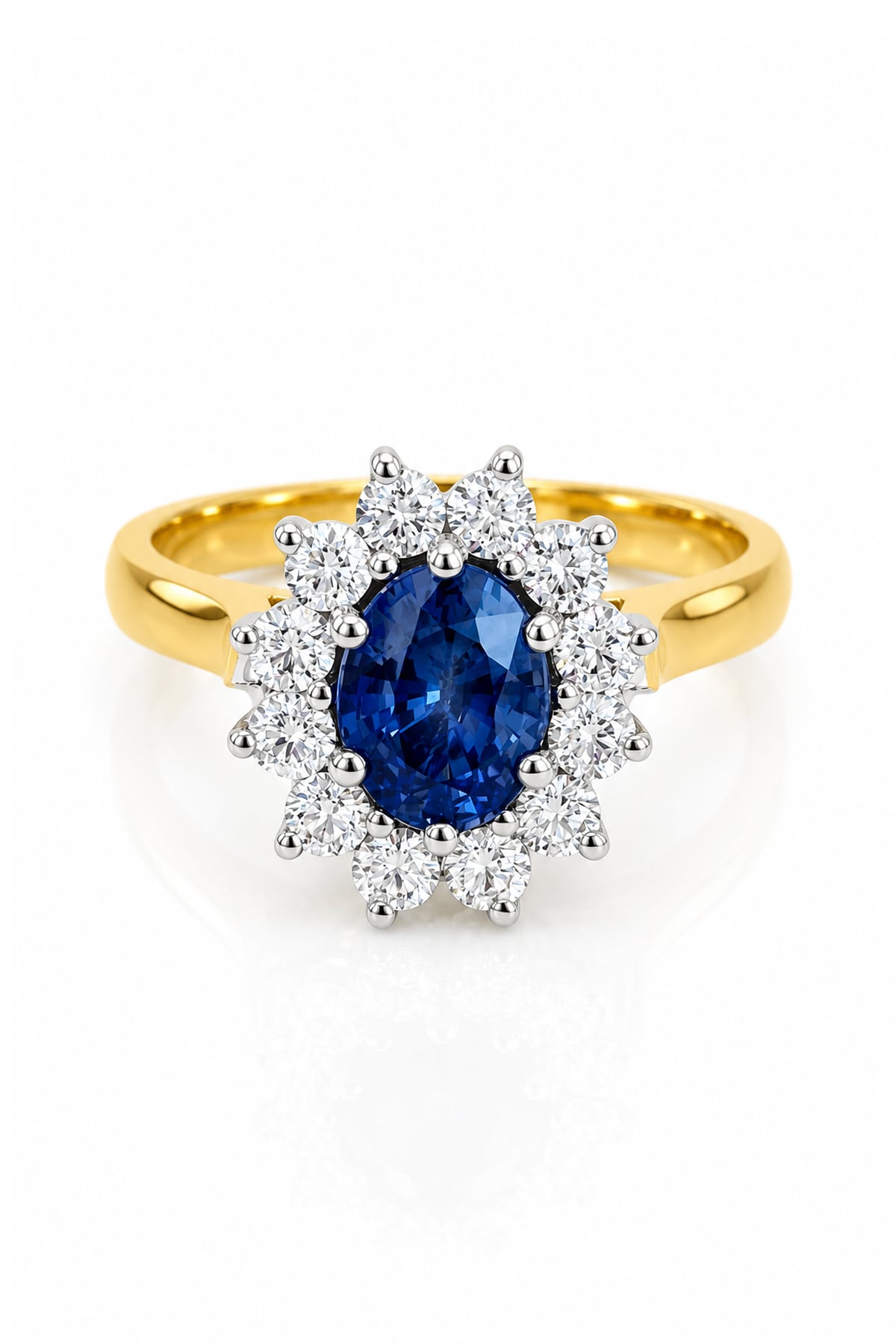 Ceylon Sapphire & Diamond Cluster Ring in 18ct Yellow & White Gold on a white background.