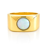 Round White Opal Signet Ring set in Yellow Gold