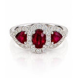 Oval & Pear Cut Ruby and Diamond Three Stone Halo Ring in White Gold