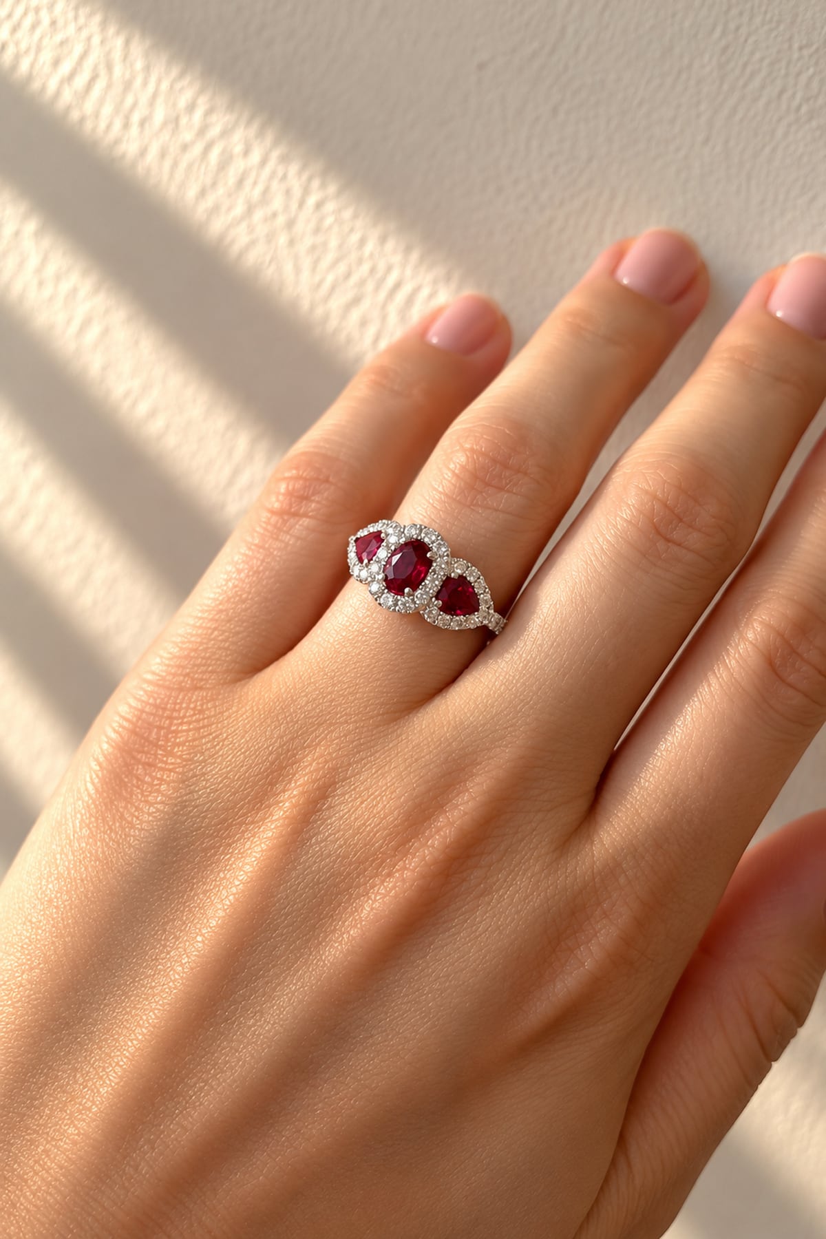 Oval & Pear Cut Ruby and Diamond Three Stone Halo Ring in White Gold