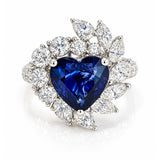Heart Shaped Sri Lankan Sapphire & Diamond Asymmetric Cluster Ring in White Gold