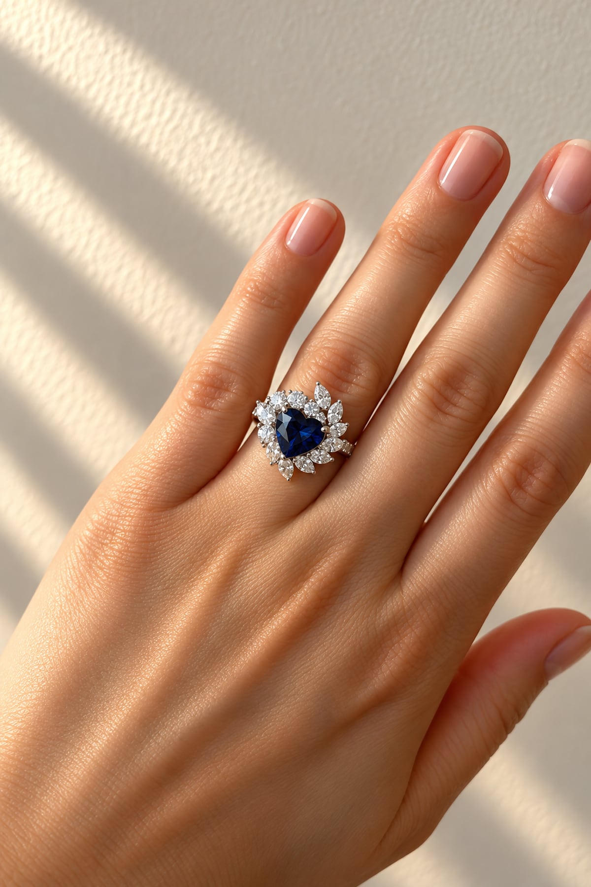 Heart Shaped Sri Lankan Sapphire & Diamond Asymmetric Cluster Ring in White Gold