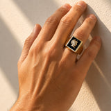 Black Onyx Roman Head Signet Ring inYellow Gold