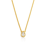 Gold necklace with a teardrop-shaped diamond pendant on a white background at LeGassick.