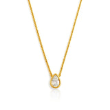 Gold necklace with a teardrop-shaped diamond pendant on a white background at LeGassick.