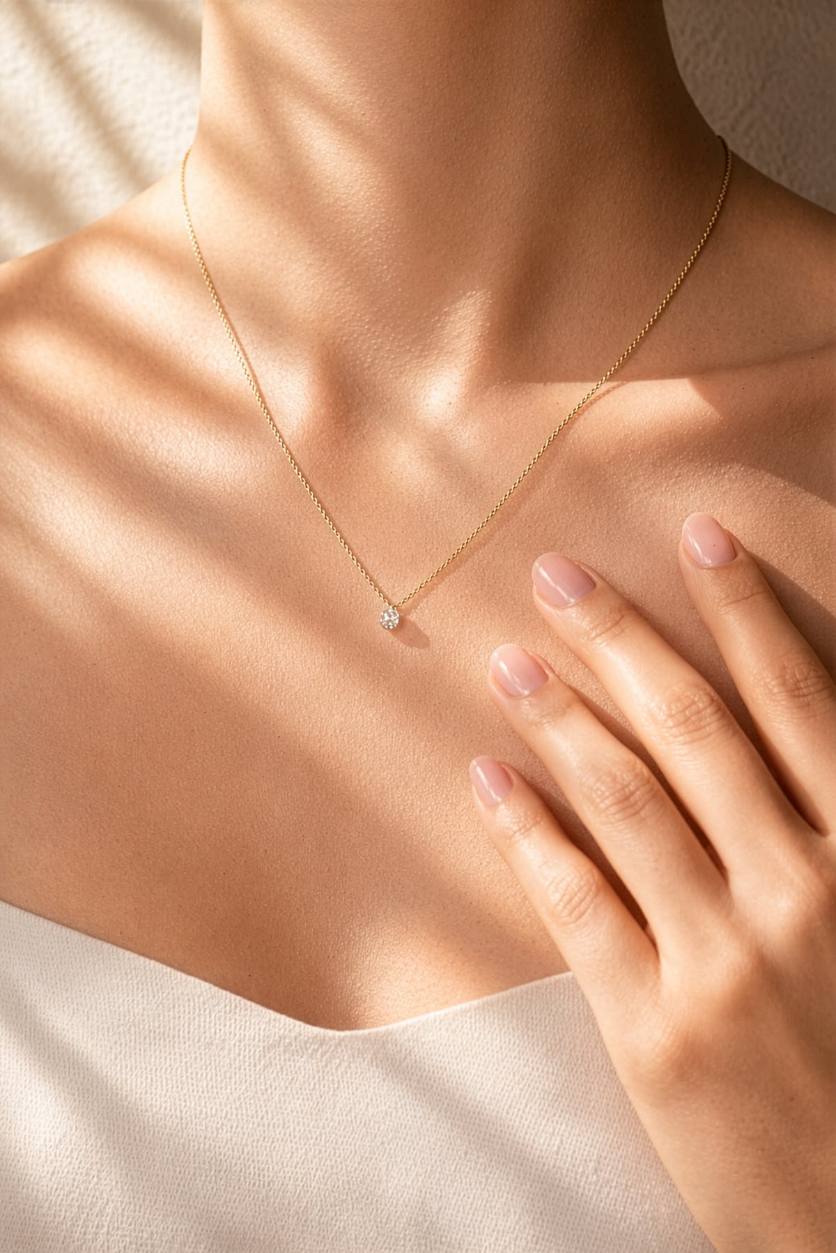 Diamond Solitaire Pendant on a white gold chain on a lady's torso