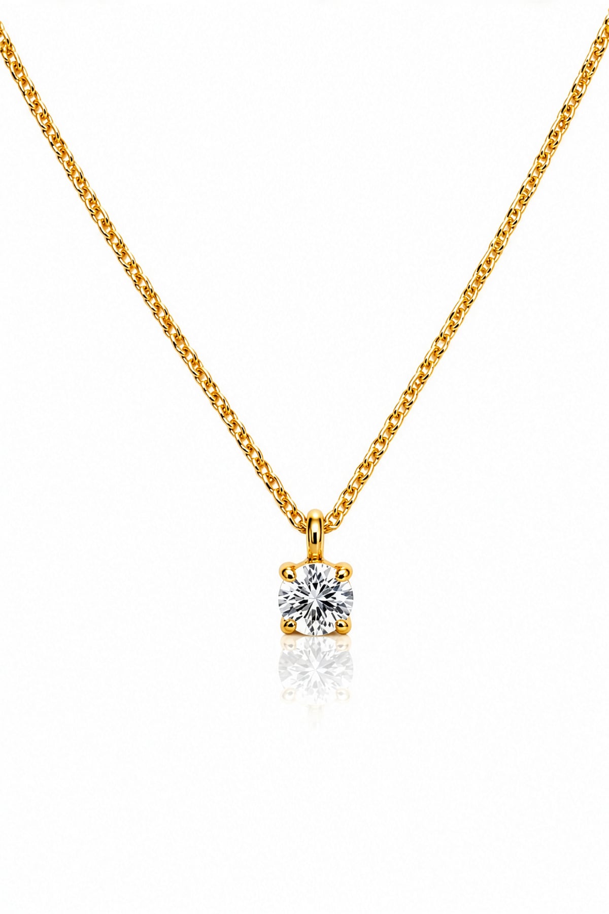 Diamond Solitaire Pendant on a yellow gold chain on a white background