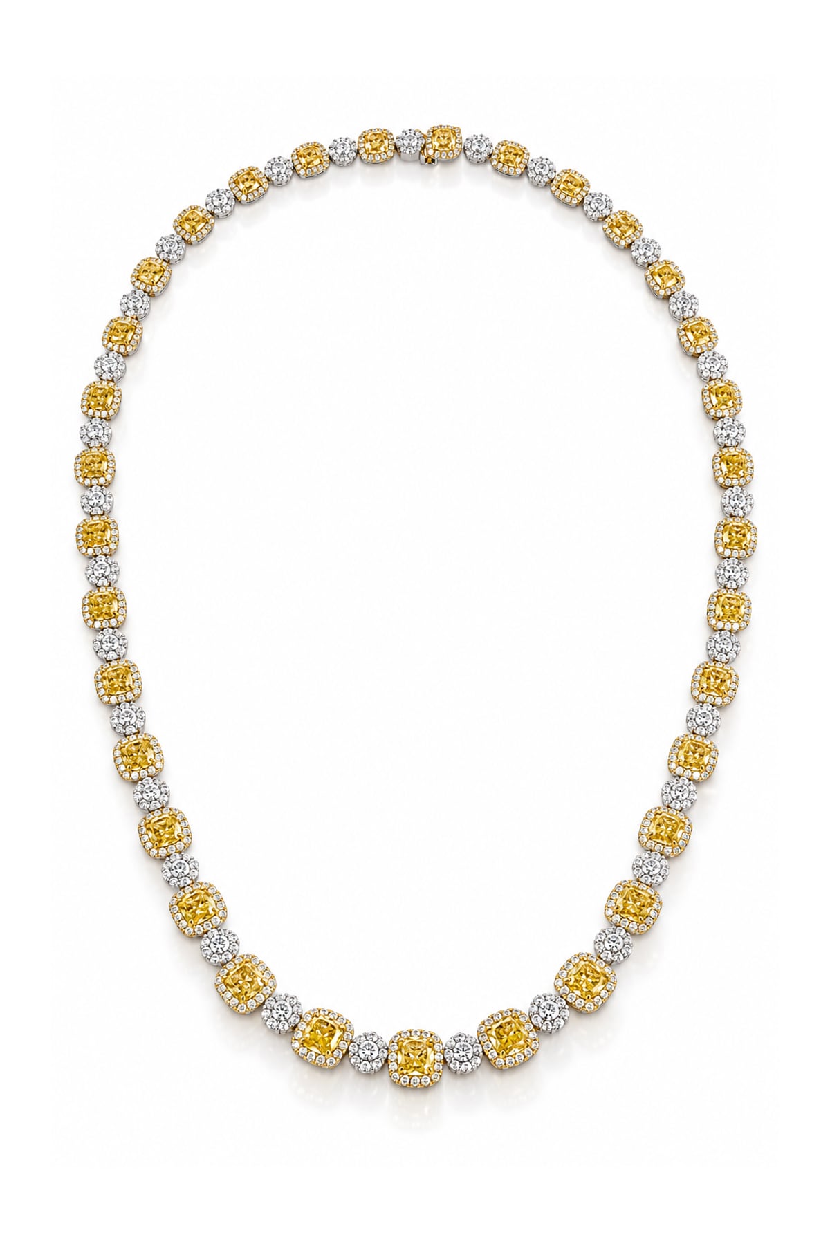 Luxury 18ct white and yellow gold graduated tennis necklace featuring 35 cushion-cut Fancy Yellow diamonds surrounded by white diamond halos, with alternating diamond clusters and a total diamond weight of 20.39ct.