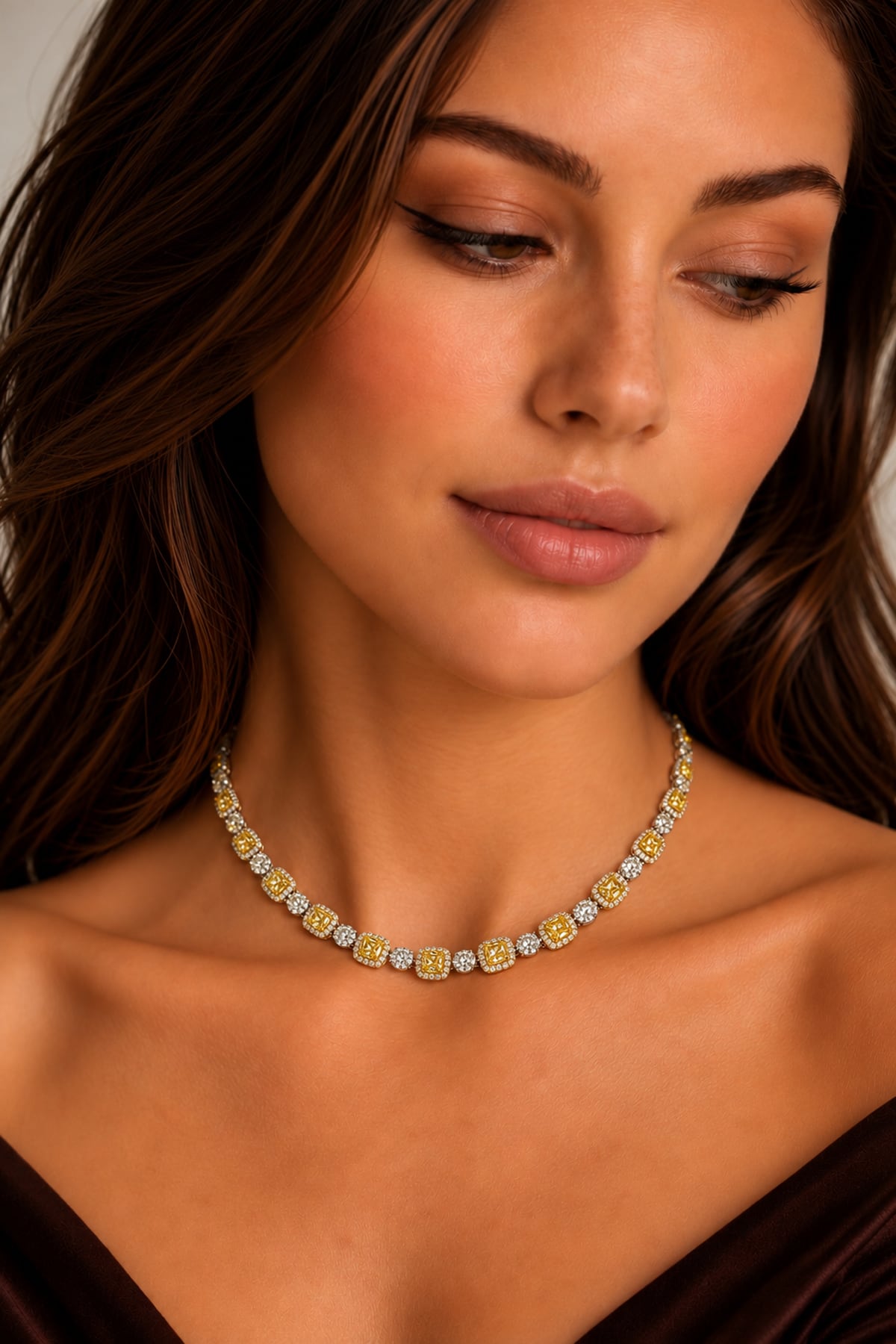A close-up of a woman wearing a delicate gold and yellow diamond necklace, looking down with a serene expression.
