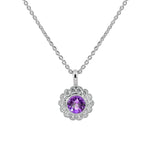 18 Carat Gold Round Amethyst and Diamond Halo Pendant available at LeGassick Diamonds and Jewellery Gold Coast, Australia.