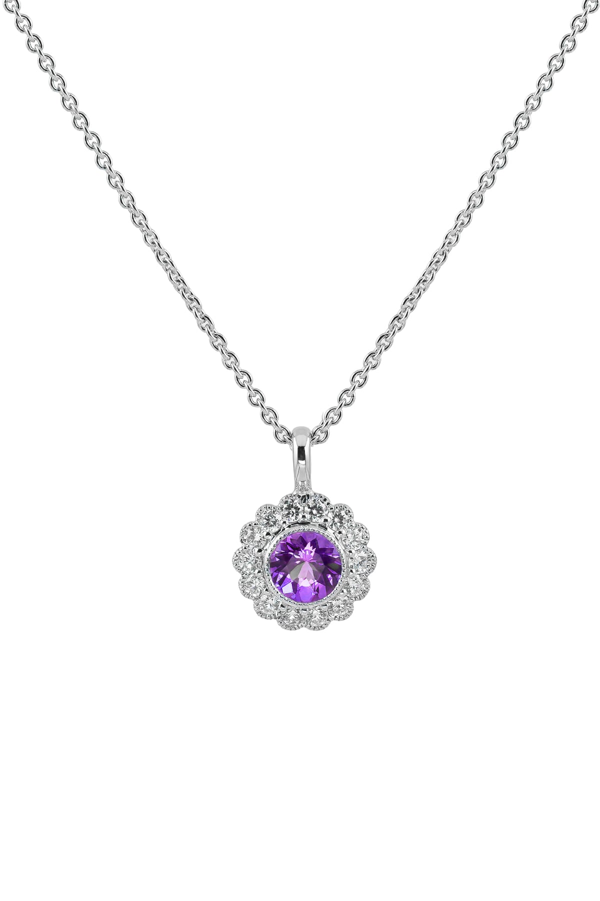 18 Carat Gold Round Amethyst and Diamond Halo Pendant available at LeGassick Diamonds and Jewellery Gold Coast, Australia.
