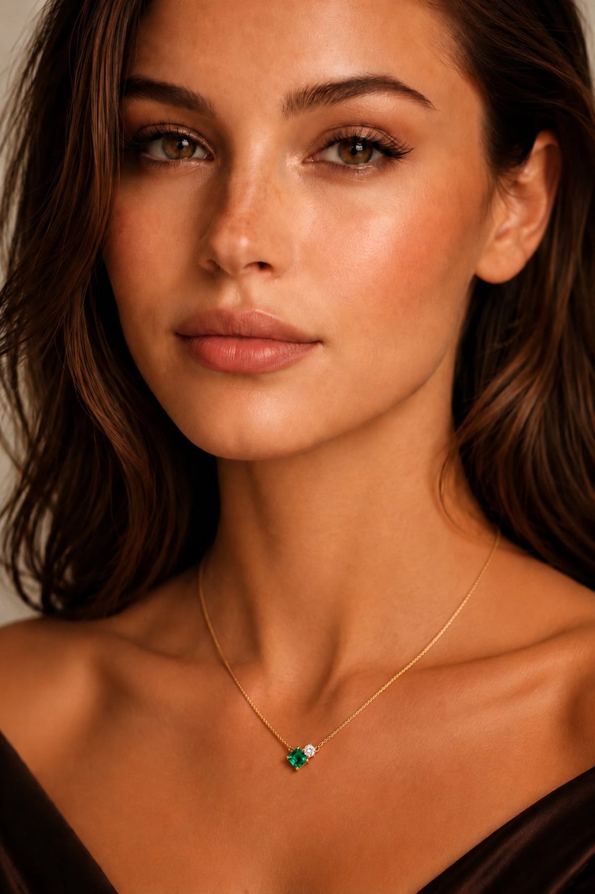 A close-up of a woman wearing a delicate gold chain necklace with a small green Emerald and clear diamond pendant.