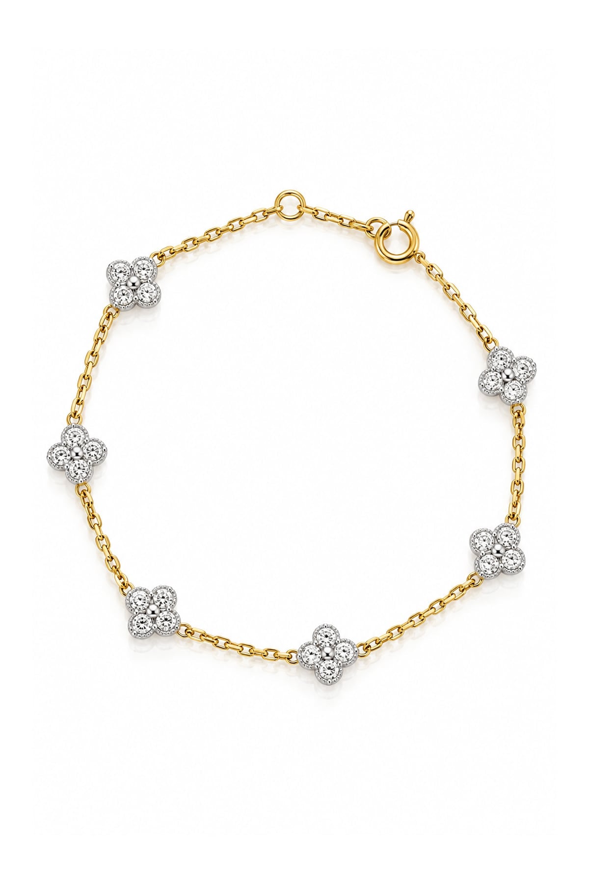 A delicate yellow gold chain bracelet with seven small four-petal flower motifs set with clear diamonds, photographed on a clean white background.