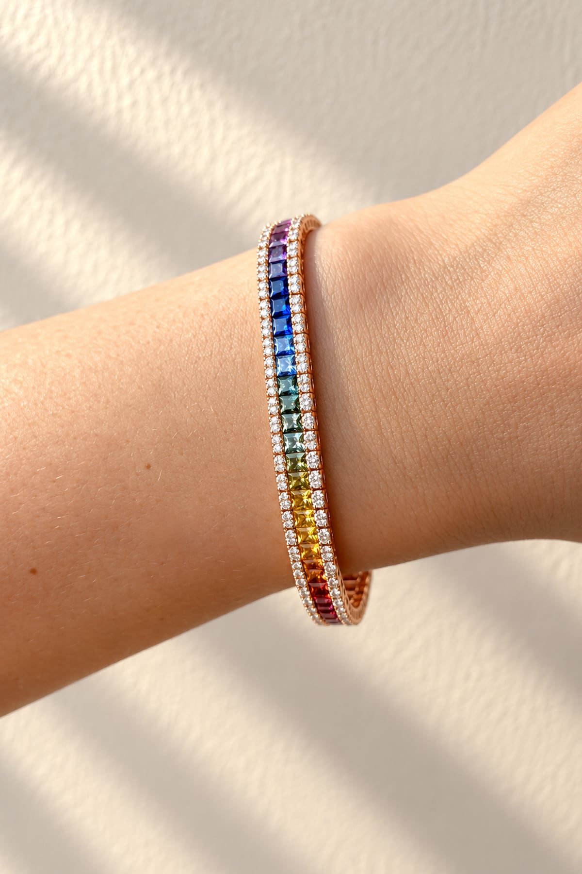 Rainbow Sapphire & Diamond Three Row Bracelet in Rose Gold
