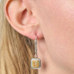 Lady wearing Fancy Diamond Drop Earrings in 18ct Yellow, White & Rose Gold at LeGassick.