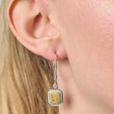 Lady wearing Fancy Diamond Drop Earrings in 18ct Yellow, White & Rose Gold at LeGassick.