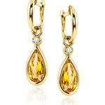 Citrine & Diamond Drop Earrings in Yellow Gold on a white background