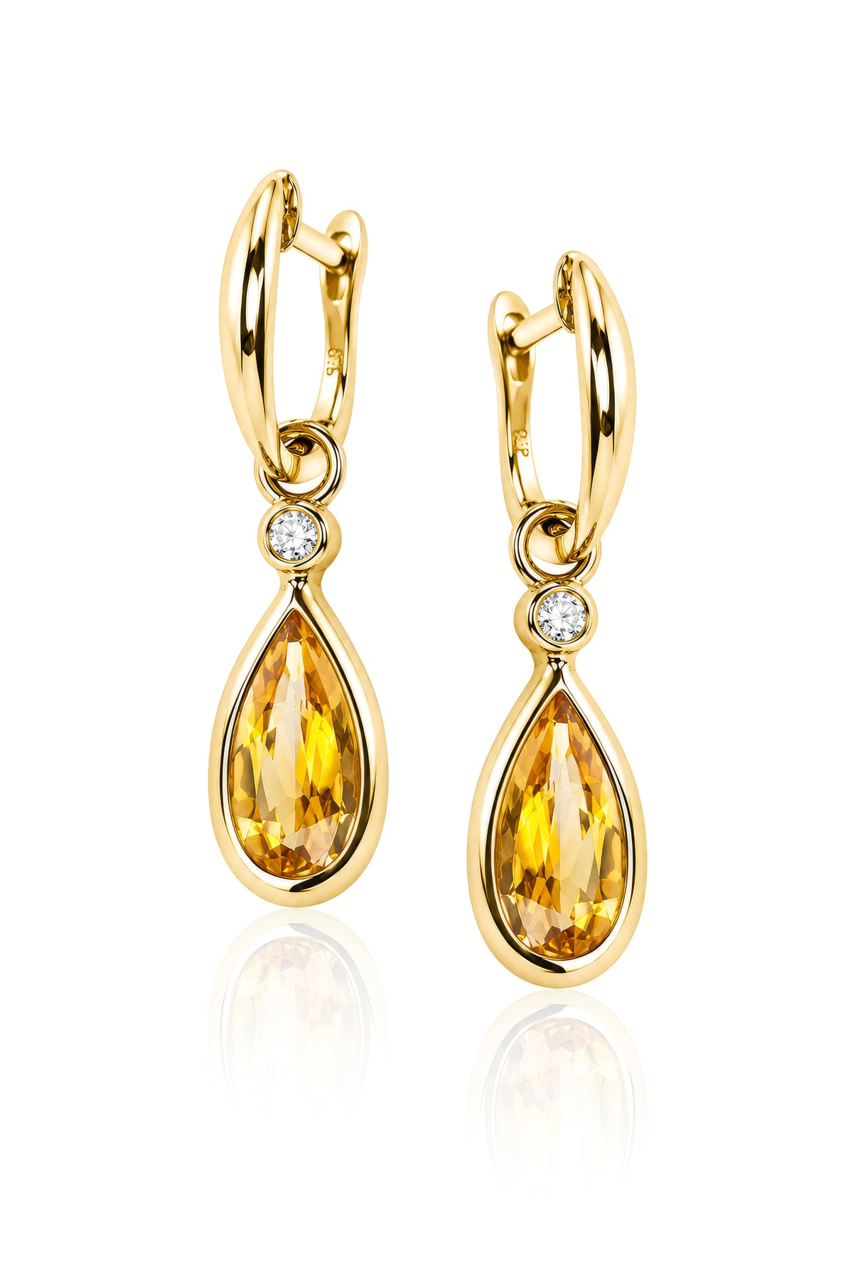 Citrine & Diamond Drop Earrings in Yellow Gold on a white background