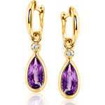 Amethyst & Diamond Drop Earrings in Yellow Gold on a white background