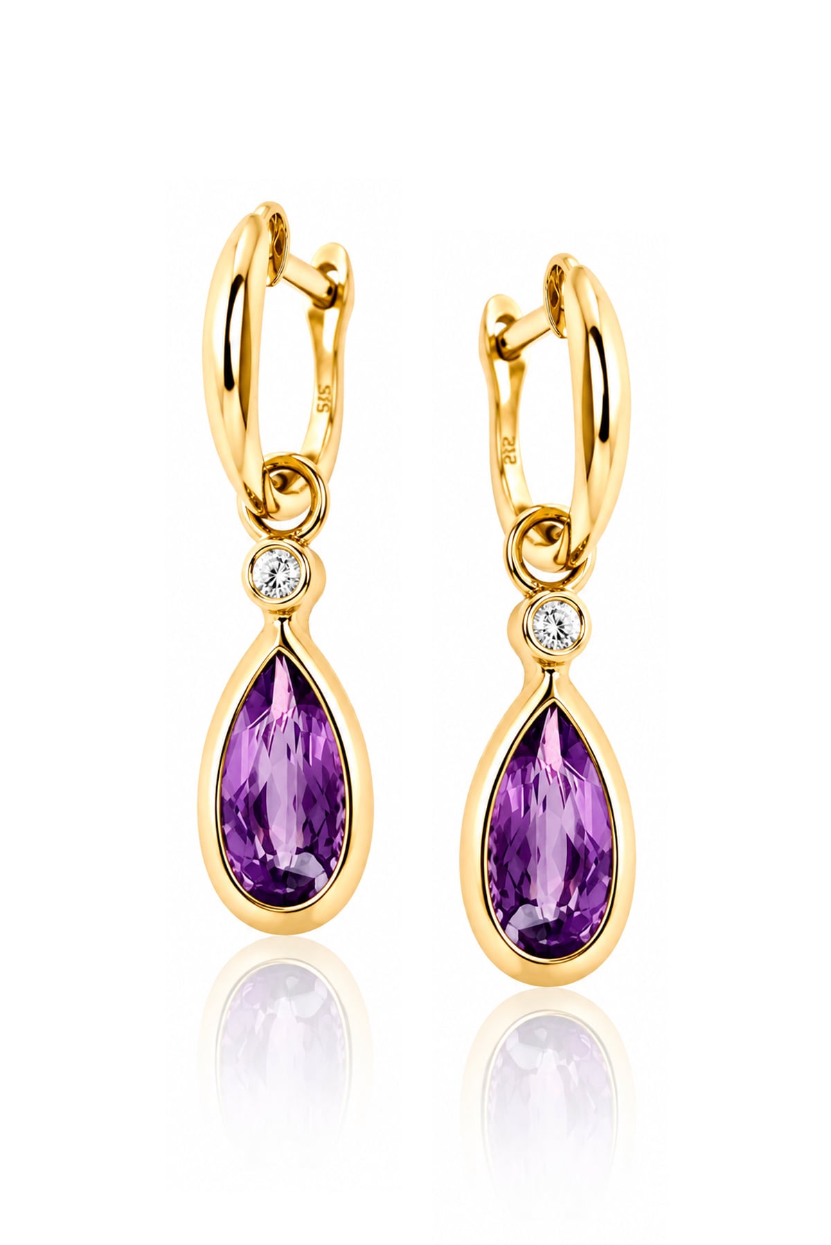 Amethyst & Diamond Drop Earrings in Yellow Gold on a white background