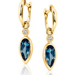 London Blue Topaz & Diamond Drop Earrings in Yellow Gold on white background