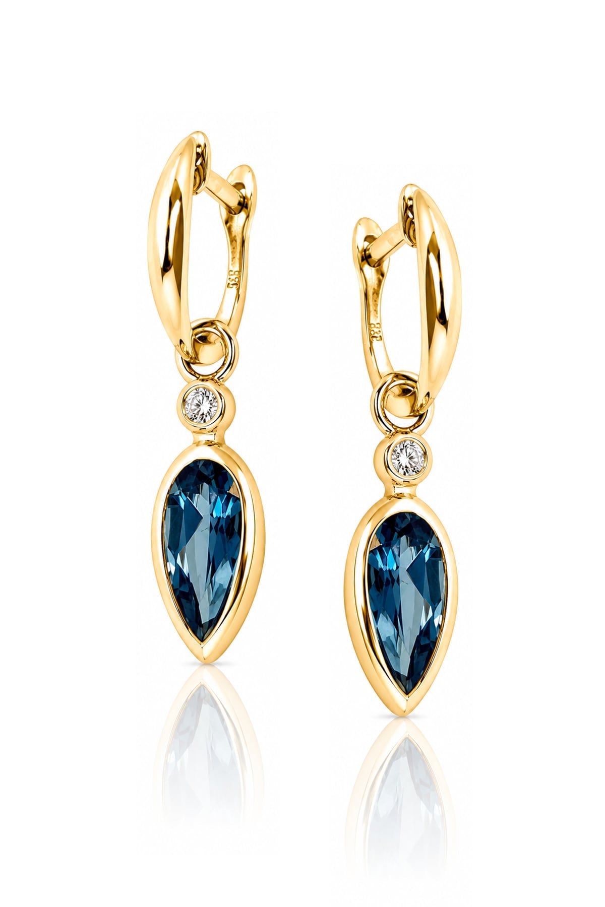 London Blue Topaz & Diamond Drop Earrings in Yellow Gold on white background