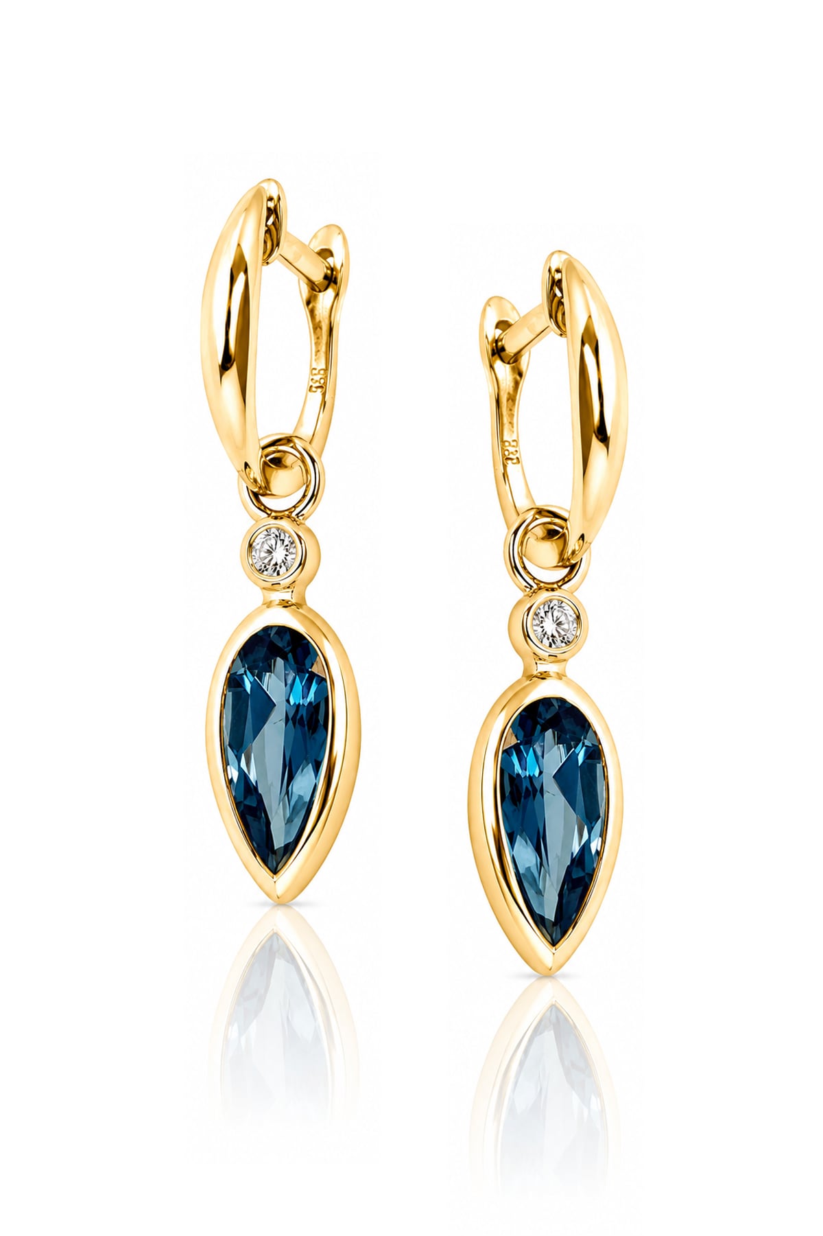 London Blue Topaz & Diamond Drop Earrings in Yellow Gold on white background