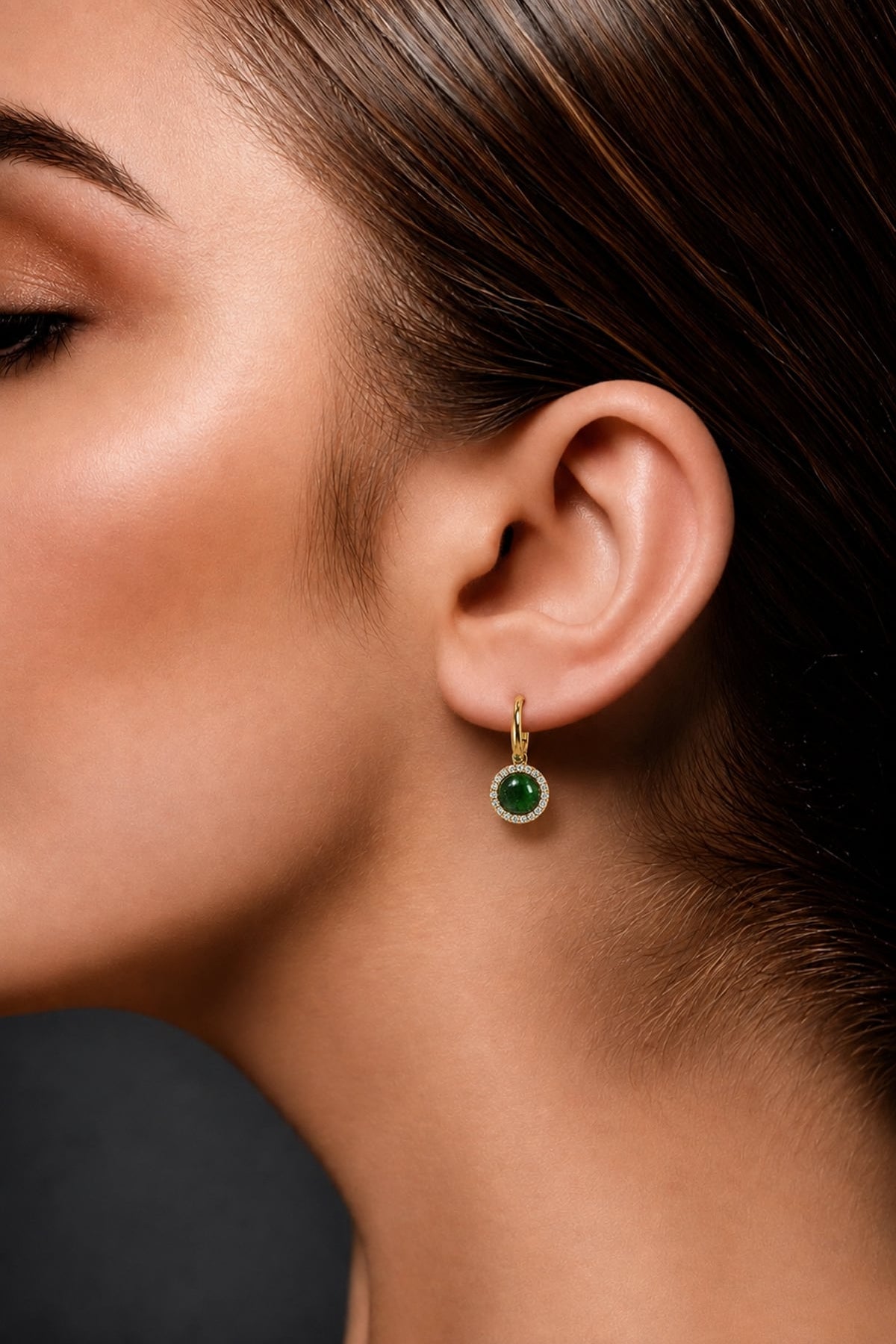 Green Tourmaline & Diamond Halo Drop Earrings in 18ct Yellow Gold