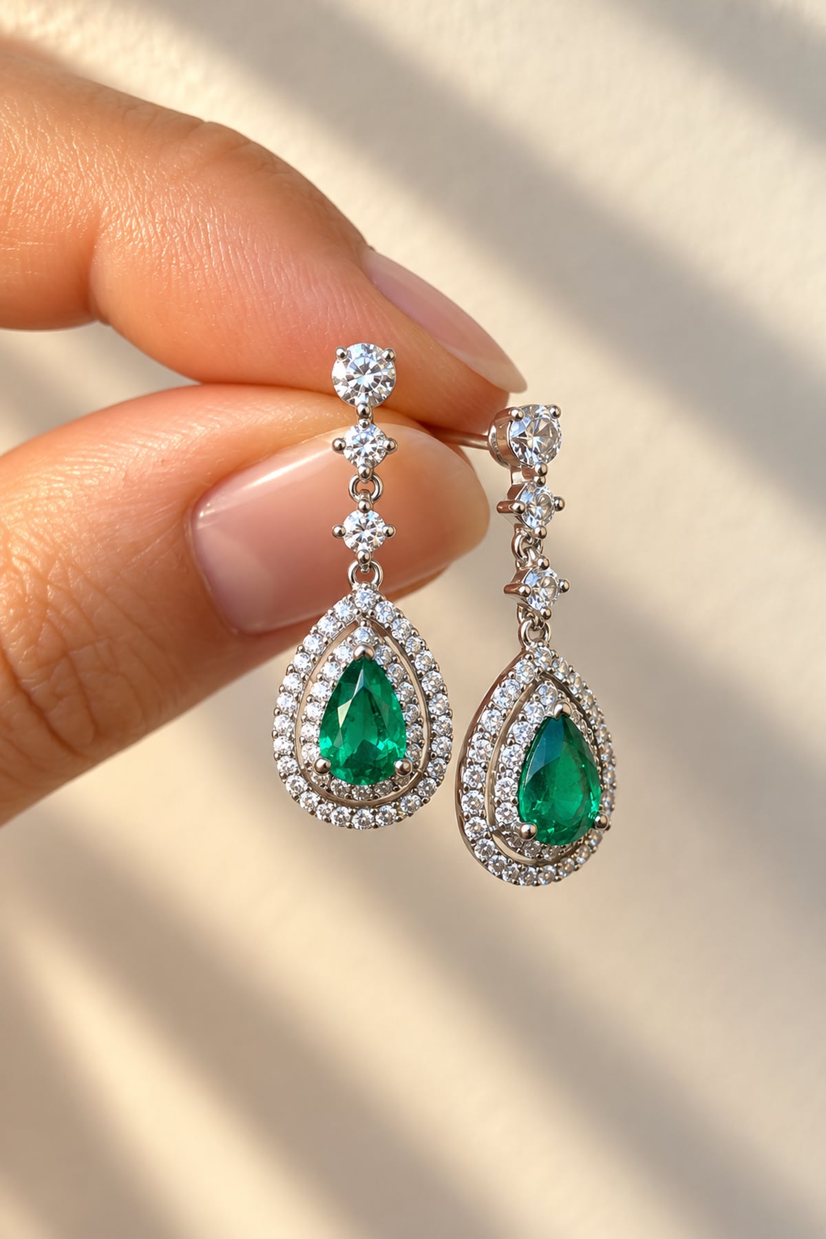 Fingers holding a pair of 18ct white gold Colombian emerald and diamond drop earrings featuring pear-shaped green emeralds surrounded by double halos of round brilliant-cut diamonds.