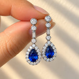 Royal Blue Sri Lankan Sapphire & Diamond Halo Drop Earrings in 18ct White Gold