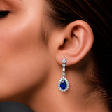 Royal Blue Sri Lankan Sapphire & Diamond Halo Drop Earrings in 18ct White Gold