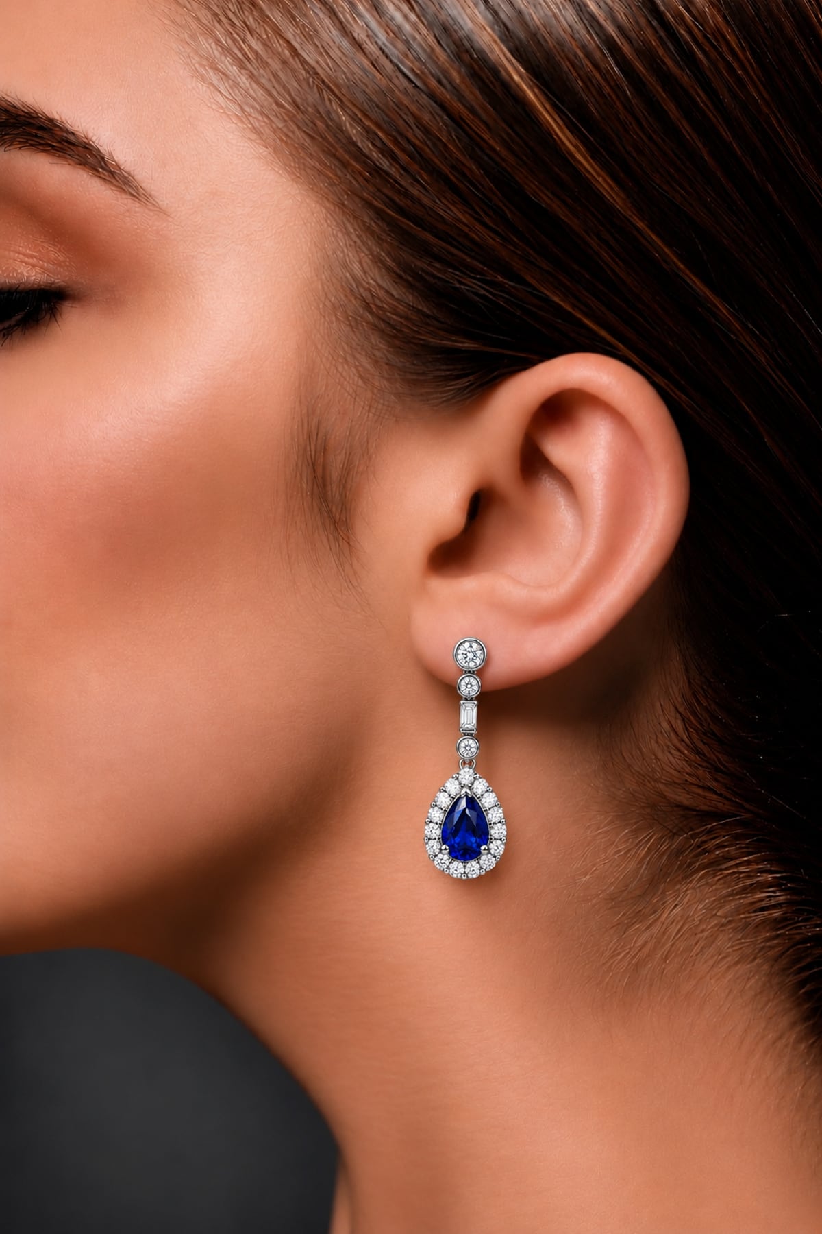 Royal Blue Sri Lankan Sapphire & Diamond Halo Drop Earrings in 18ct White Gold