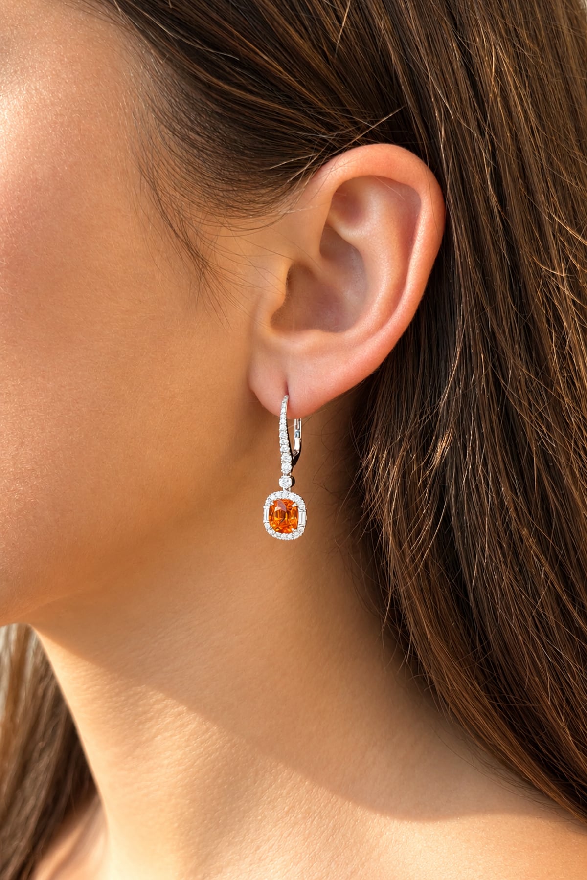 Spessartite Garnet & Diamond Halo Drop Earrings in 18ct White Gold