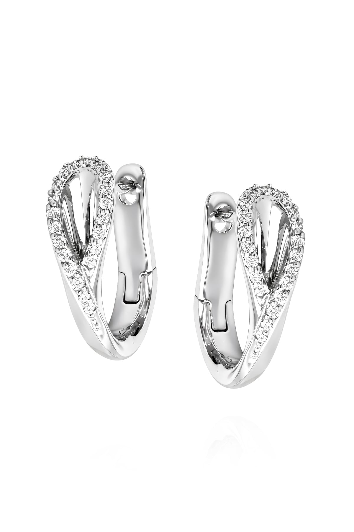 Pair of silver hoop earrings with small diamonds on a white background