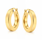 Pair of polished 14ct yellow gold Italian hoop earrings featuring a wide 6mm squared tube profile, rounded edges and 15.6mm internal diameter.