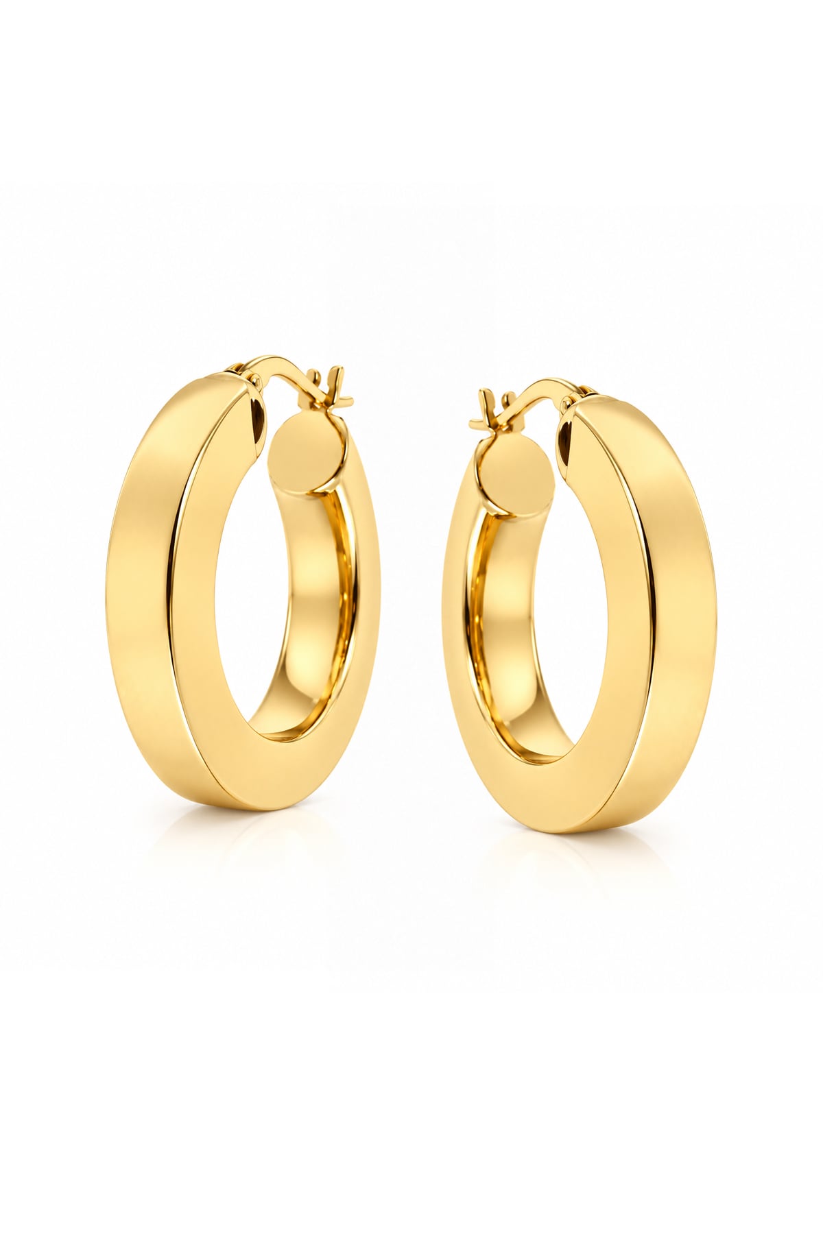 Pair of polished 14ct yellow gold Italian hoop earrings featuring a wide 6mm squared tube profile, rounded edges and 15.6mm internal diameter.