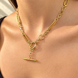 Italian Figaro Link T-Bar Necklace in Yellow Gold