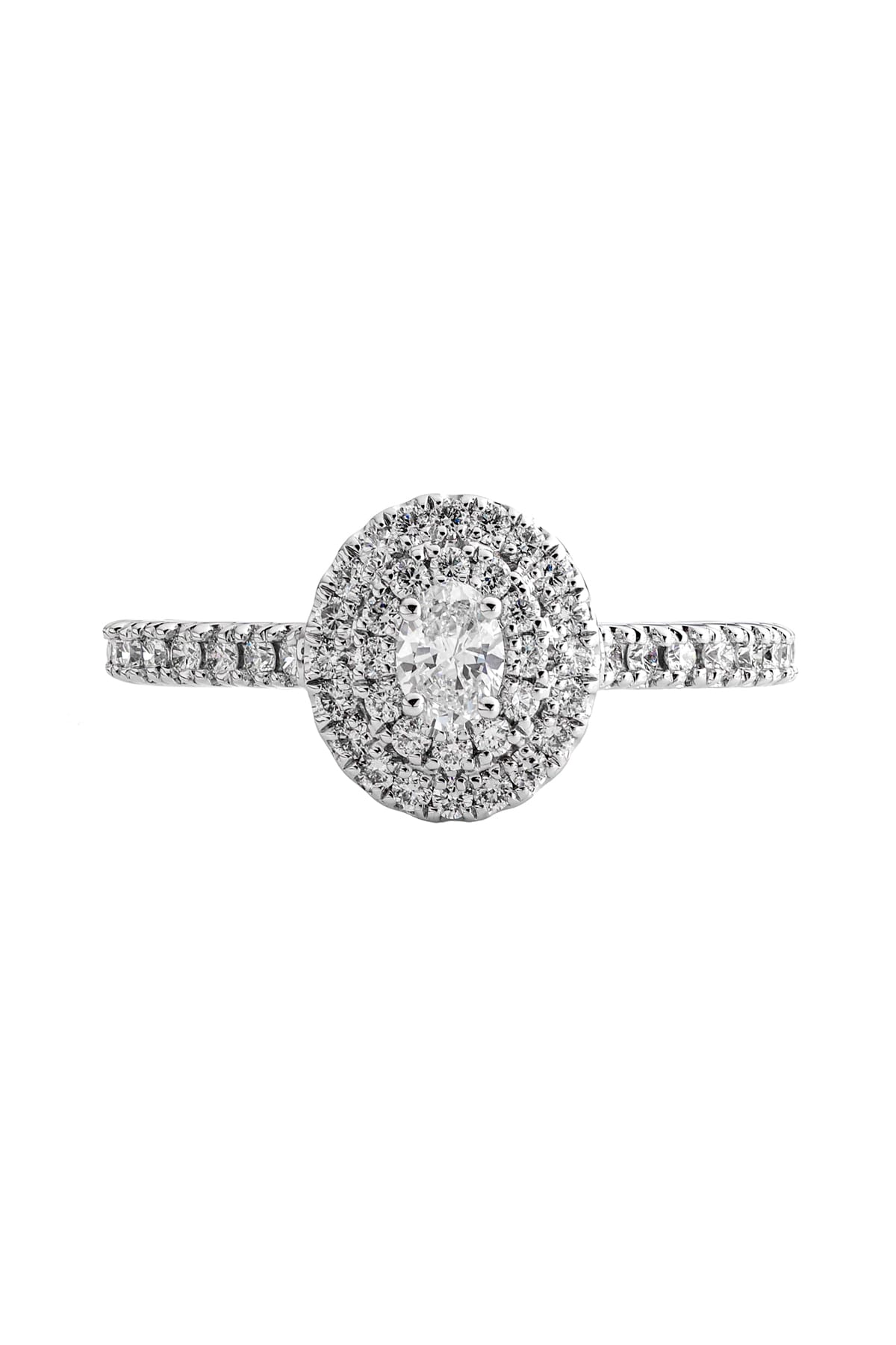 18 Carat Gold Double Oval Diamond Halo Engagement Ring With Diamond Band available at LeGassick Diamonds and Jewellery Gold Coast, Australia.