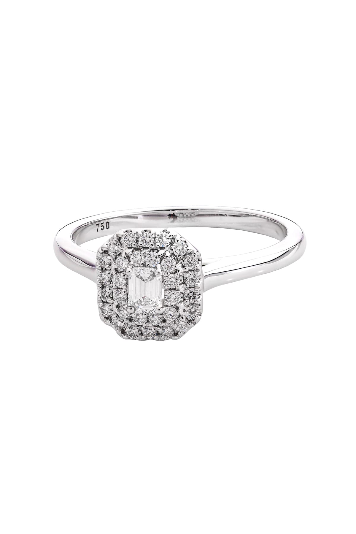 18 Carat Gold Emerald Cut Double Halo Diamond Engagement Ring available at LeGassick Diamonds and Jewellery Gold Coast, Australia.