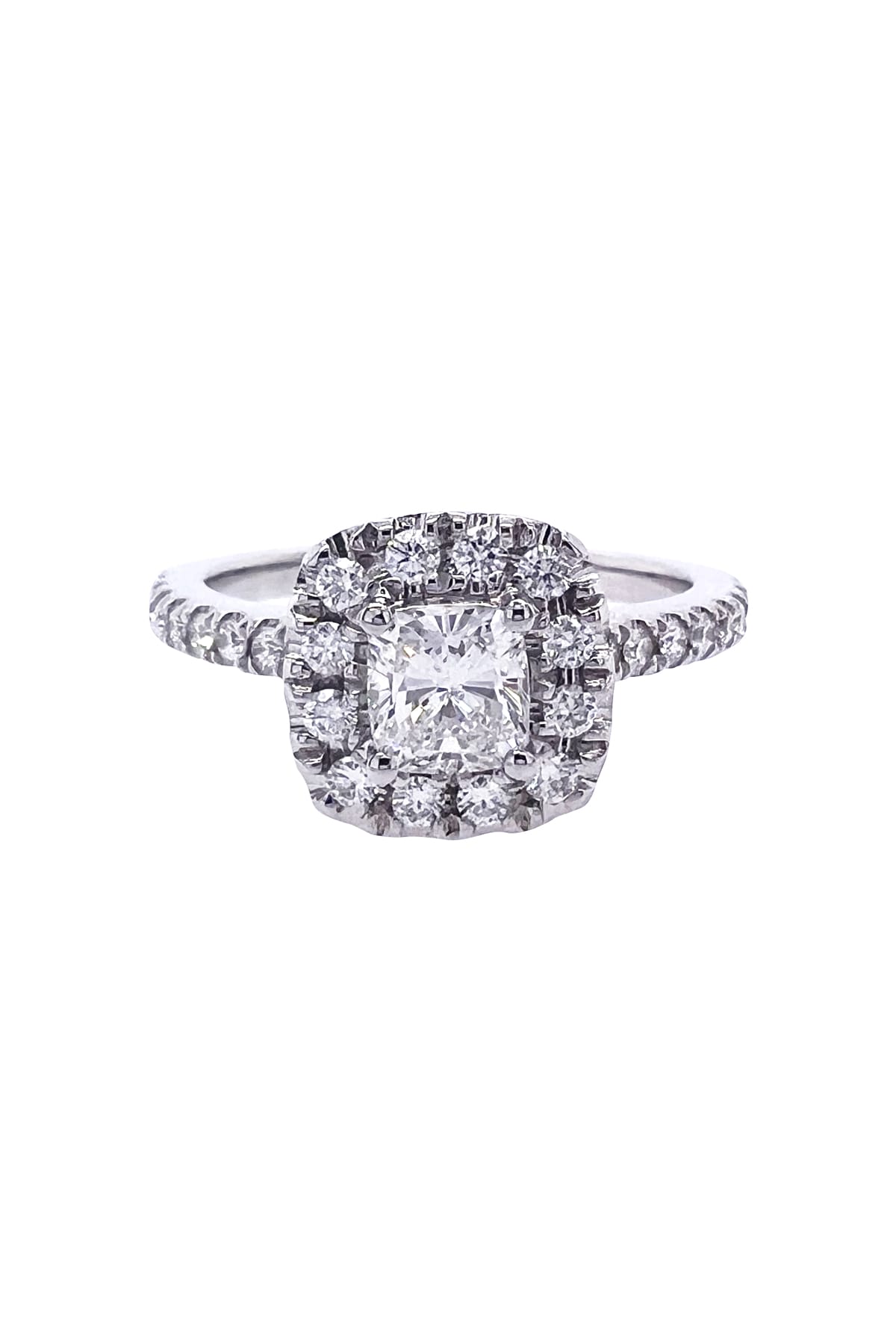 18 carat white gold 0.50ct cushion cut diamond halo ring available at LeGassick Diamonds and Jewellery Gold Coast, Australia